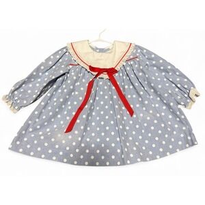 Vintage Alexis Girls 2T Blue Polka Dot Dress Red Bow Lace Collar USA